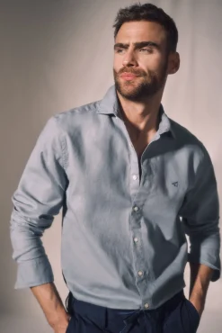 Camisa Slim Lino Manga Larga ^Ooto Clearance